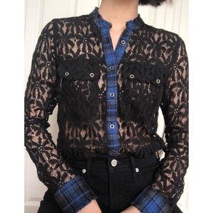 Black lace blouse with blue plaid details